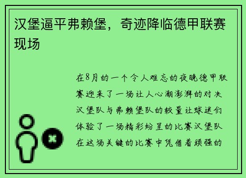 汉堡逼平弗赖堡，奇迹降临德甲联赛现场