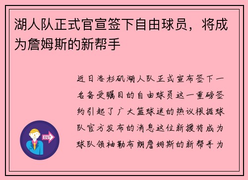 湖人队正式官宣签下自由球员，将成为詹姆斯的新帮手