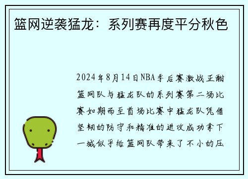 篮网逆袭猛龙：系列赛再度平分秋色