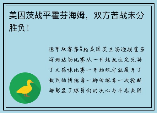 美因茨战平霍芬海姆，双方苦战未分胜负！